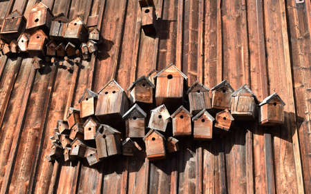 cute little birdhouses on rustic wooden wall. close up of beautiful wooden bird house.