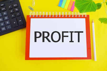 Notepad with the text of the PROFIT above Notebook Concept of business success, financial growth and wealth. Increase profits and investment fund. Saving money and accumulationの写真素材