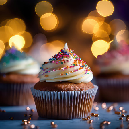 Birthday cupcake on dark table against blurred lights and color palette.の素材