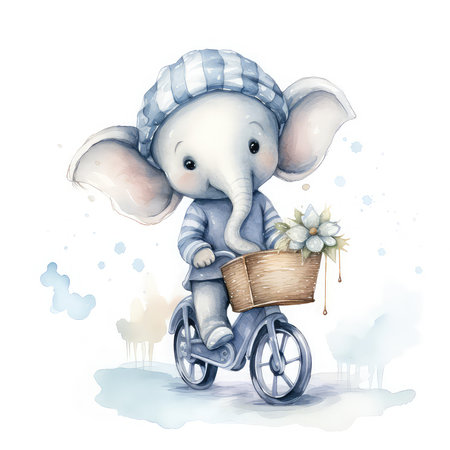 A beautiful watercolor painting of a baby elephant on bike. Animal with motorcycle. hand drawn painting. light colors Illustration.の素材