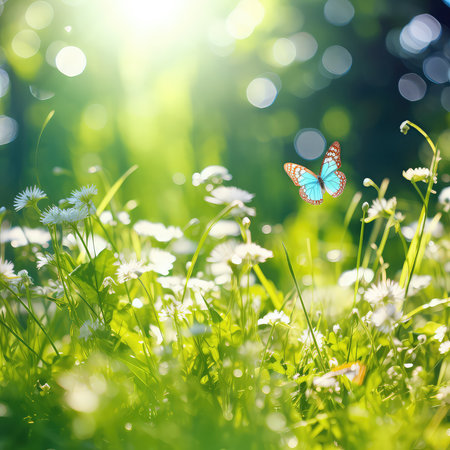 Wildflowers of clover in a meadow nature. Natural summer background with butterfly and wildflowers of clover in the meadow in the morning sun rays close-up with soft blurred focus.の素材