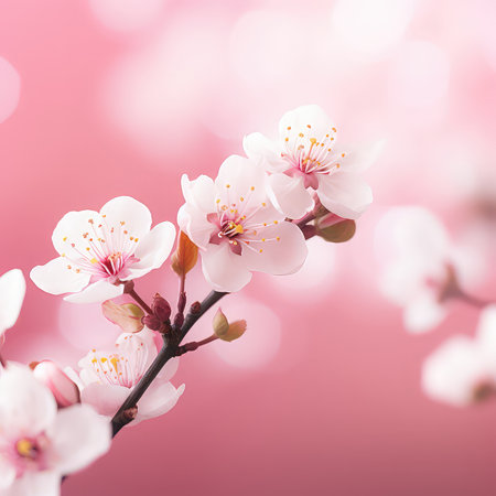 Summer and spring backgrounds, Beautiful branch of a pink cherry full blossoms flowers. Macro horizontal photography. , soft blurred focus, colorful artistic imageの素材