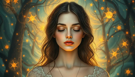 A mystical woman with glowing light behind her stands in a magical forest.の素材