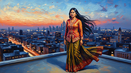 A graceful Asian woman in elegant traditional attire stands on a rooftop at sunset, blending heritage and modern urban beauty in this fine art digital painting.の素材