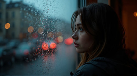 A woman gazes through a rainy window with blurred city lights outside, expressing emotion and solitude in a cinematic, moody atmosphere. Perfect for lifestyle or emotional conceptsの素材