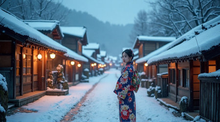 Elegant woman wearing a colorful kimono walks through a snowy Japanese village at dusk. Traditional architecture and serene winter atmosphere, perfect for travel and culture themesの素材