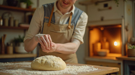 Man in apron kneading dough on wooden table in cozy bakery kitchen. Warm lighting and homemade bread preparation concept. Perfect for food, baking, and artisan lifestyle themes.の素材