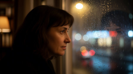 A woman gazes thoughtfully out a rain-streaked window at night, city lights blurred into bokehの素材