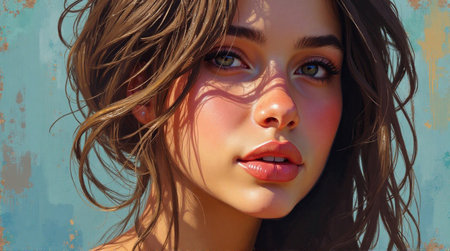 Beautiful woman with glowing skin and sun-kissed hair in a close-up portraitの素材