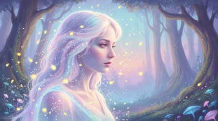 Enchanting fantasy portrait of a woman with glowing, ethereal hair in a magical forest filled with fireflies and colorful mushroomsの素材