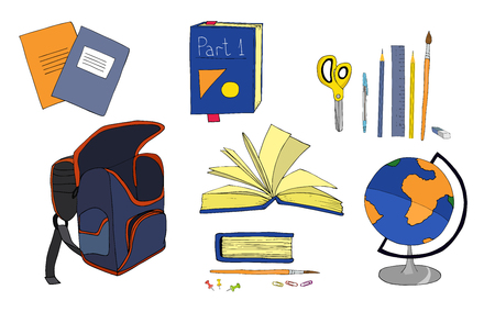 Vector illustration colorful on white backgruond. School bag, copybooks, book, brush, pen, pencil, ruler, scisors, pins, globe, eraser. Blue, yellow, orange.のイラスト素材