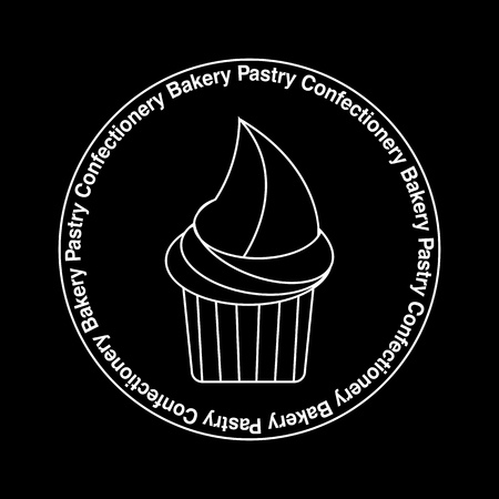 Cupcake emblem white on black, thin lines desighn. Circle shape. Text Bakery Confectionery Rastry in...