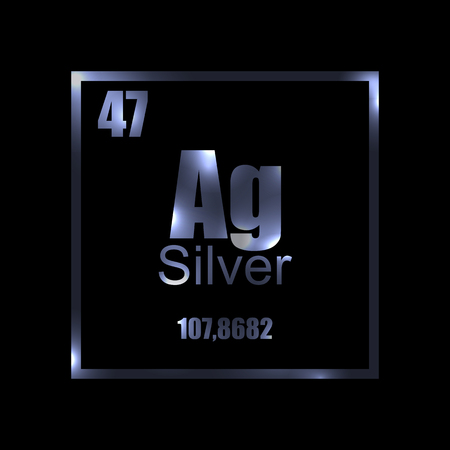 Argentum. Silver Periodic table element on black background. Label, stamp, metall, atom, molecule, weight, mass, science, laboratory, luxury, shining, technology.のイラスト素材