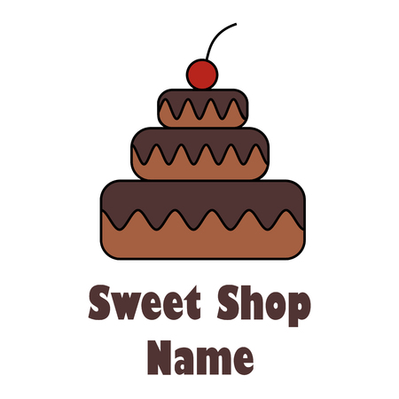 Bakery, pastry, confectionery, sweet shop logo, emblem, label. Brown cakewith chokolate and cherry on white background and text shop name below. Isolated elements.のイラスト素材