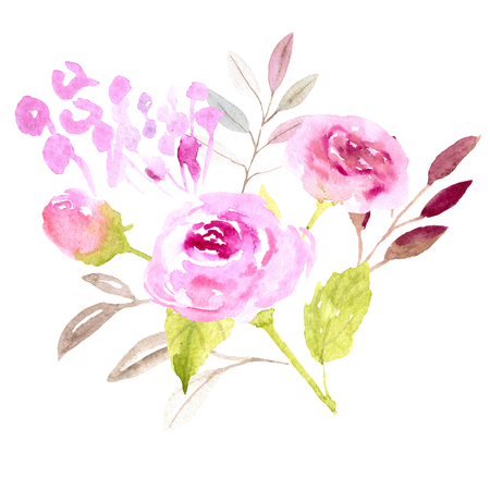 Pink flowers watercolor illustration on white background. Hand painted. Morning, sun, love, romantic, wedding, baby shower, birthday, 8 march, woman's day.の写真素材