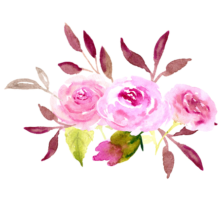 Watercolor illustration roses sketch pink flowers on white background. Line, composition, bouquet, design, decoration, love, romantic, wedding, woman, girl.の写真素材