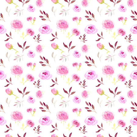 Seamless pattern, pink watercolor flowers, rose flower and leaf, buds. Provence. Wallpaper, textile, fabric, pack, gift paper.の写真素材