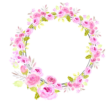 Pink watercolor floral wreath round illustration. Rose, peony flowers. Wedding, greeting card, spring, love, romantic. Leaves, buds. Beautiful. Easter, Valentines day, borthday, baby showerの写真素材
