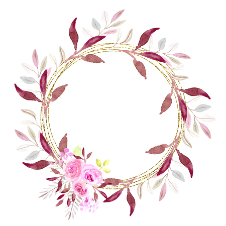 Golden frame, watercolor pink wreath. Pink rose flowers, purple leaves illustration. Grreting card, wedding invitation. text template, banner, print, label. White background. Round, circle.の写真素材