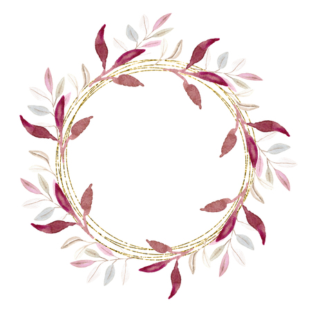 Golden circle and watercolor leaves wreath illustration. Modern, lux, fashion, style. Greeting card, label, print, banner, invitation, text template.の写真素材