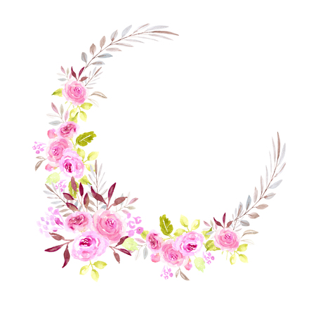 Floral wreath, watercolor illustration. Pink rose flowers, leaves. Semicircle. FRame, text template, wedding, invitation design, party, greeting card, hand drawn.の写真素材