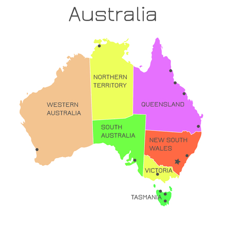 Australia map states colorful vector illustration on white background. Western, northern, south australia, tasmania, new south wales, queensland, victoria. Template, business, presentation, geography.のイラスト素材