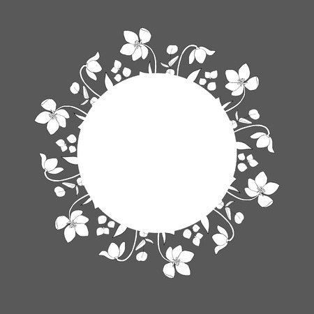 Floral wreath, black and white graphics, hand drawn vector illustration. Flowers, leaves wreath. Greeting card, invitation, party, New year, sale, ornament, decorative, monochrome, round, circle.のイラスト素材