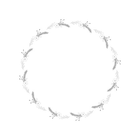 Floral wreath, graphics vector, black and white. Herbs, leaves, branches, flower. Monochrome. Invitation, sale, party, greeting card, text template. Organic, herbal, rustic, forest, minimalism.のイラスト素材