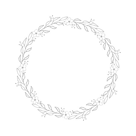 Graphic wreath, vector illustration monochrome leaves, flowers. Minimalistic, organic, circle, round, oranment. Organic? rustic, herbal, floral. Greeting card, invitation template, frame, label.のイラスト素材