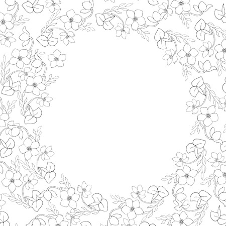 Spiral rustic floral frame, vector illustration. Monochrome, black and white, graphics. Ornament, organic, flower, leaves, sketch, wreath. Invitation, greeting card, text template, banner.のイラスト素材