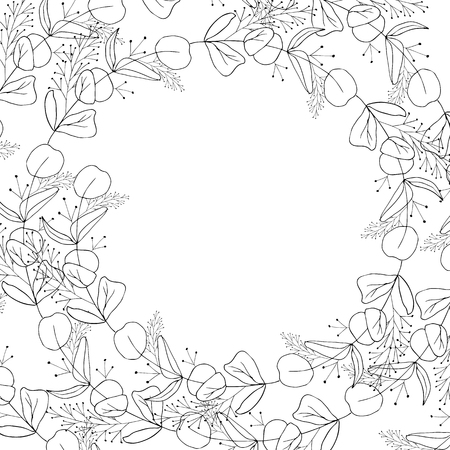 Spiral organic herbal wreath, frame, vector illustration. Eco, herbs, leaf, branch, foliage. Abstract, rustic, graphic, monochrome. Invitation, greeting card, text template, wreath, spiral.のイラスト素材