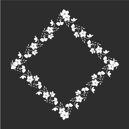 Floral frame monochrome vector illustration. Square, rhombus, graphics, geometry. Flower, leaf, ornament, modern. Invitation, frame, greeting card, text template, label. Wedding, birthday, xmas.のイラスト素材