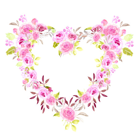 Heart pink floral frame watercolor illustration on white background. Rose, peony abstract flowers, green and purple leaves. Love, romantic, wedding, valentines day, greeting card, save the dateの写真素材