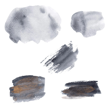 Abstract gray watercolor spots set on white background. Payne's Gray, gold. Hand painted illustration. Logo, banner, label, brush, print, invitation, greeting card. Original art. Neutral colors.の写真素材