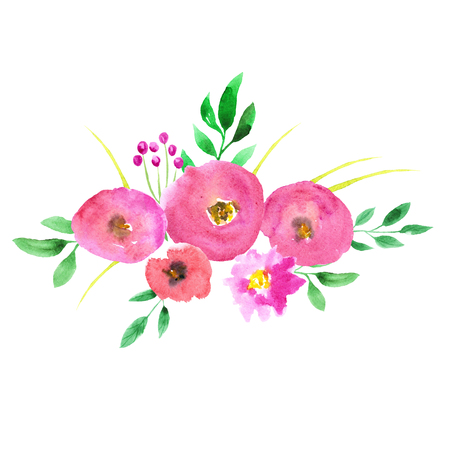 Abstract watercolor pink flowers on white background. Hand painted. Poppy, rose, peony  flower, red, green, pink. Grass, leaf. Boho style illustration. Wedding invitation, greeting card, logo.の写真素材
