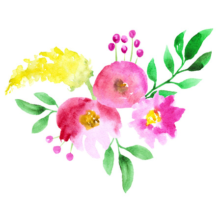 Abstract watercolor pink and yellow flowers on white background. Hand painted. Poppy, rose, peony, mimosa  flower, red, green, pink, yellow. Grass, leaf. Boho style illustration.  Expressive, wet.の写真素材