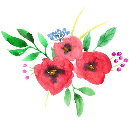 Abstract watercolor red flowers composition on white background. Hand painted. Poppy, flower, red, green, pink, blue. Grass, leaf. Boho style illustration. Wedding invitation, greeting card, logo.の写真素材