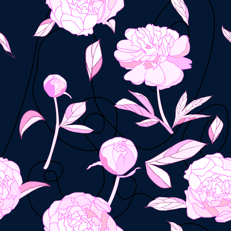 Seamless pattern, pink peony flowers and thread on dark blue background vector illustration. Wallpaper, textile, fabric, scrapbooking, pack paper print.のイラスト素材