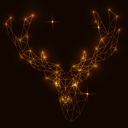 Polygonal deer head, shining lamps effect, vector illustration. Golden, gold, light. Christmas, new year, holyday, party, stars, shine. Greeting card, banner, sale, template. Horn, hunt, forest.のイラスト素材