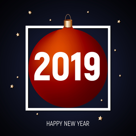 2019 happy New Year, red ball greeting card, banner, poster, template. Dark blue background, golden stars, white square frame and text.  Party invitation, celebration, night.のイラスト素材