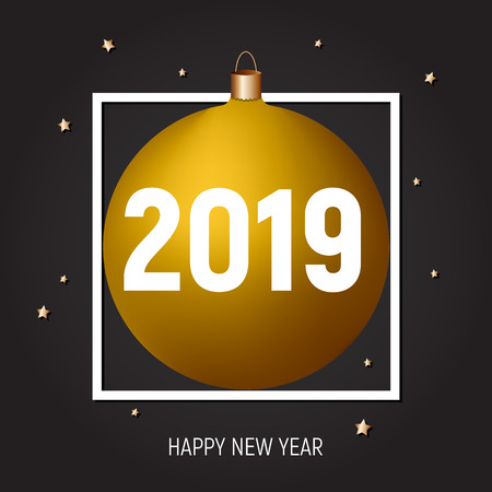 Golden ball happy New Year 2019 greeting card vector illustration. White square frame, text, black background, Card, poster, banner template, web. Modern, minimalistic desighn.のイラスト素材