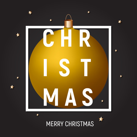 Christmas greeting card, poster, cover, gold ball in a white square frame on dark background, gold stars, text. Greeting card, banner, calendar, poster, template.のイラスト素材