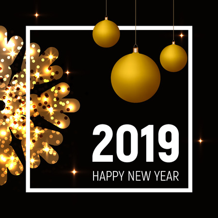 New Year 2019 poster, golden balls and snowflake on black background, white square frame and text. Shining glitter effect. Greeting card, banner, web template.のイラスト素材