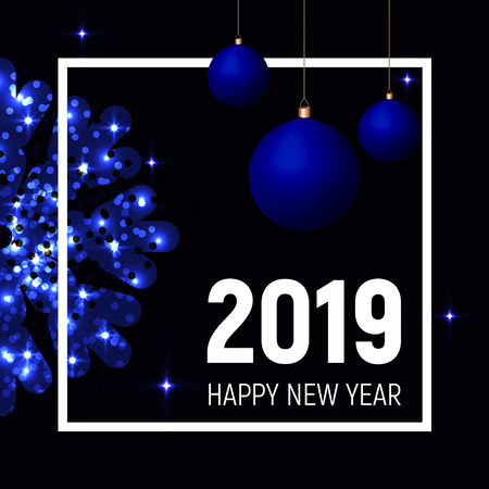 Blue balls and snowflake and white square frame on dark black background, 2019 new year template, banner, poster, web. Shining stars effect.のイラスト素材