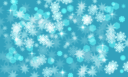 Winter blue background, abstract white snowflakes and stars. Banner, wallpaper, sale. Frozen, cold, winter, New Year, Christmas, sale.のイラスト素材