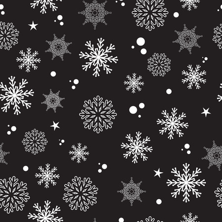 Vector seamless pattern, snow, snowflakes illustration. White and black, monochrome. Wallpaper, paper, textile, fabric, design, banner. Snow, winter, ice, january, december, february. New year, Christmas.のイラスト素材