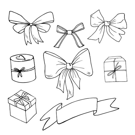 Bow sketch set, vector illustration. Hand drawn. Box, ribbon, present, gift. Birthday, valentine day, new year, celebration.のイラスト素材