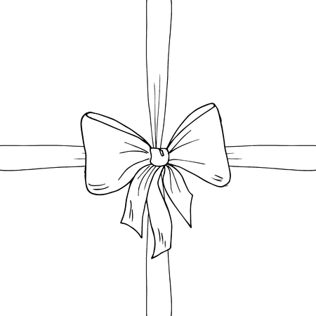 Bow, ribbon sketch, vector illustration. Monochrome, black and white. Gift, box, banner, present, sale, celebration, valentines day, birthday, wedding, Christmas, new year, surprise, knot.のイラスト素材