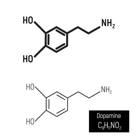 Black thin and thick line design, dopamine molecule vector illustration on white background. Minimalism, structure, chemistry, drug, hormone, neurotransmitter. Pleasure, happy, enjoy, love.のイラスト素材