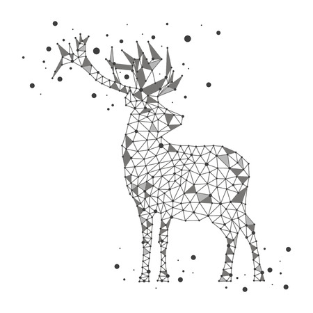 Low poly vector iluustration, grey deer with dots on white background. Abstract concept, design, polygon, triangle, siluhette. Animal, forest, snow, winter, Christmas, new year. Modern.のイラスト素材